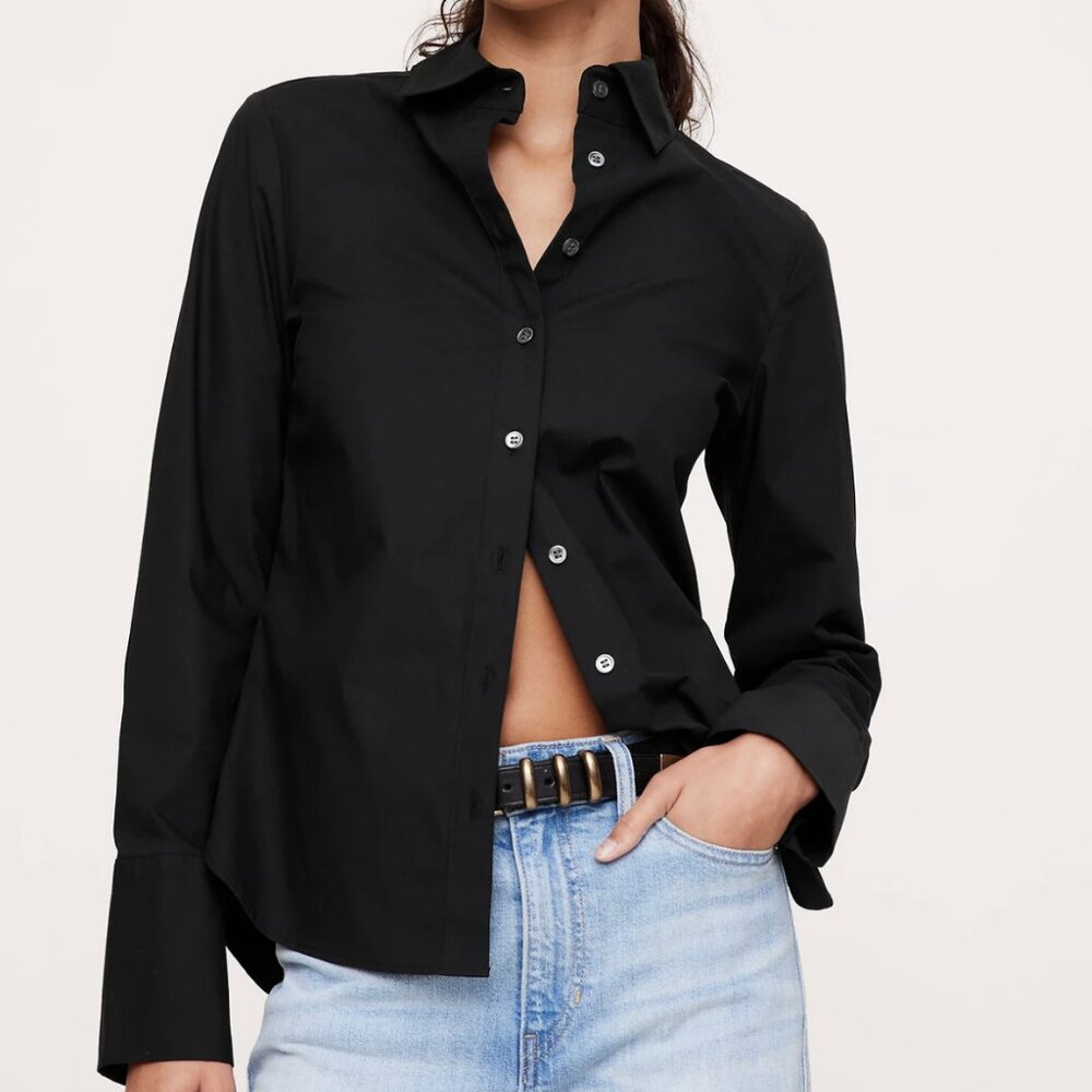 Banana Republic Non-Iron Stretch Long Sleeves Shirt - Black, Size 2P (Petite)